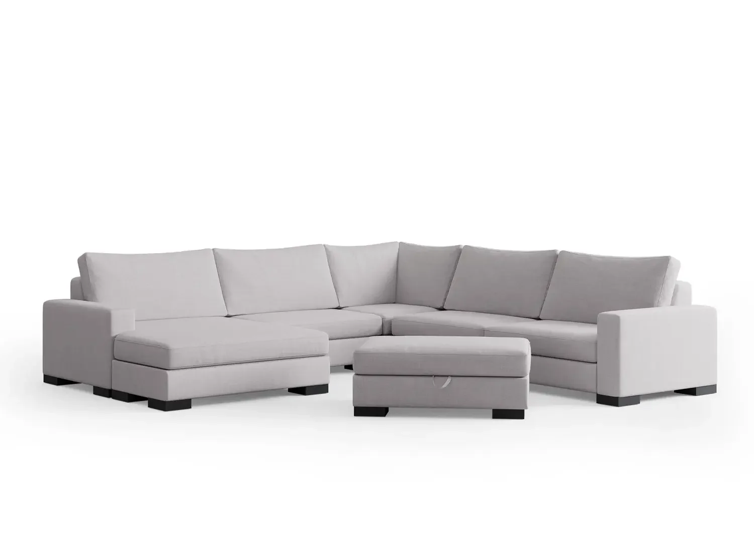 Five-seat Zen modular sectional with corner seat and chaise in light gray fabric