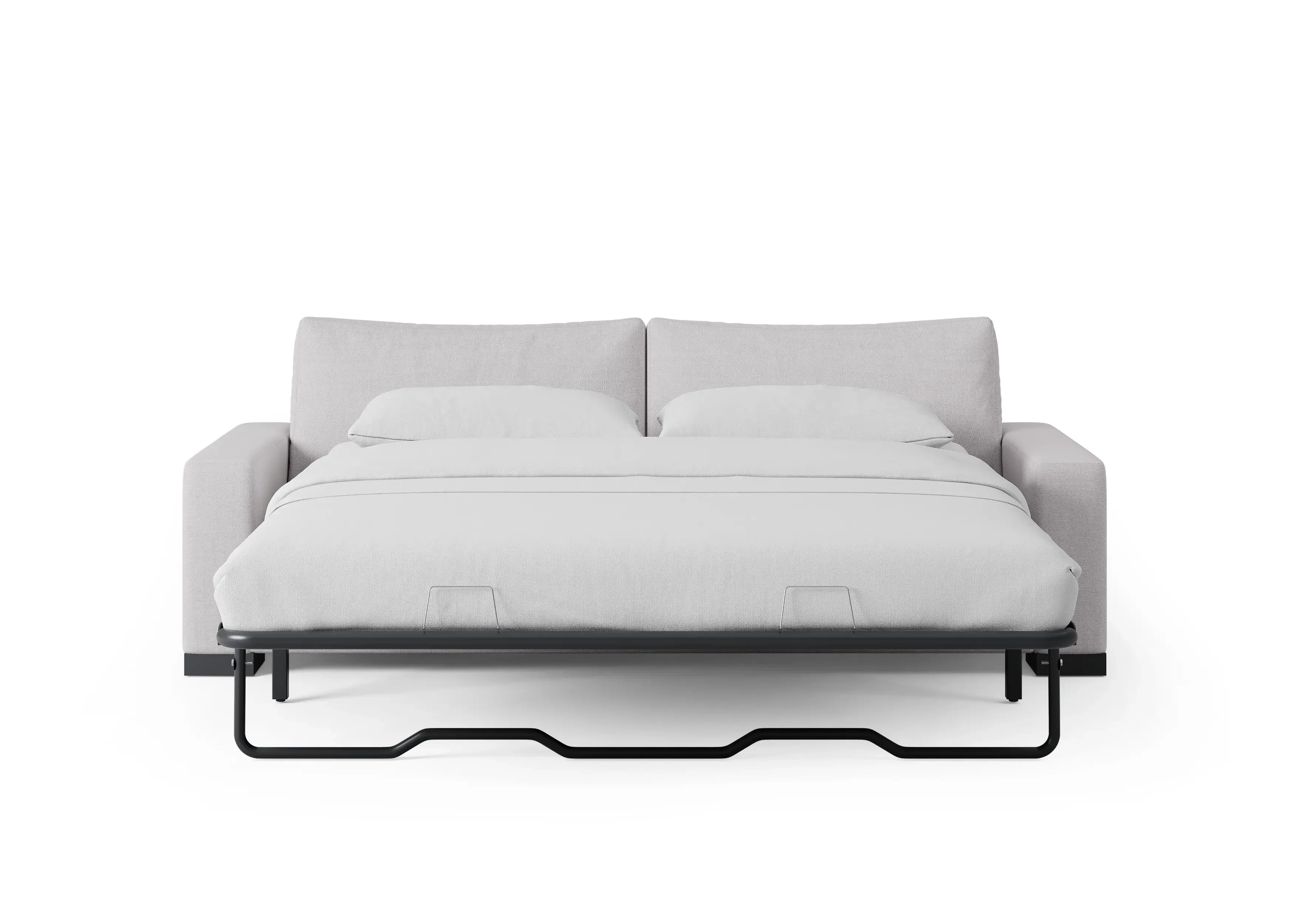 Light grey Zen Sofa Bed extended into a queen-size bed