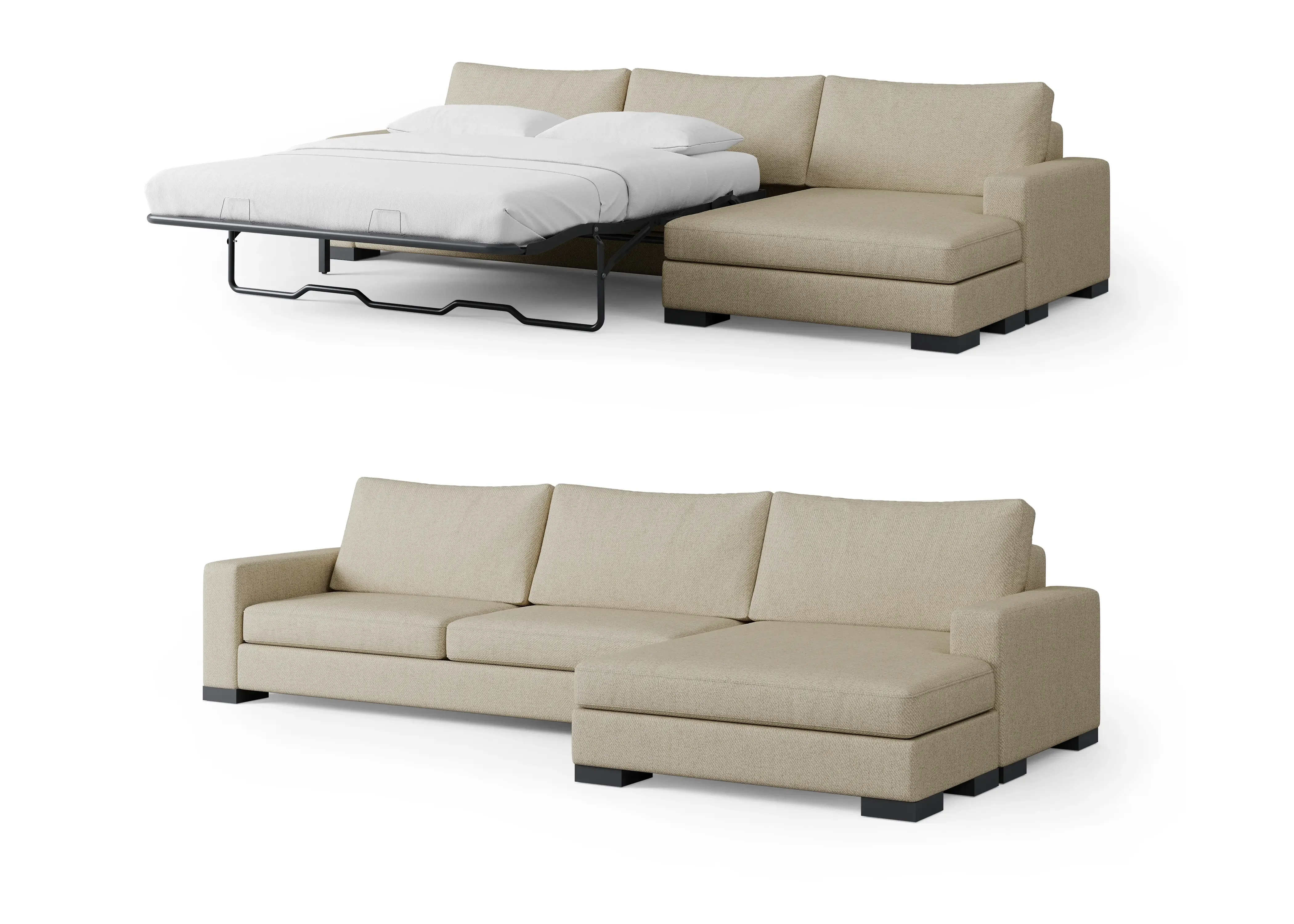 Beige Zen sofa with chaise shown closed and pulled out into a sleeper bed with mattress