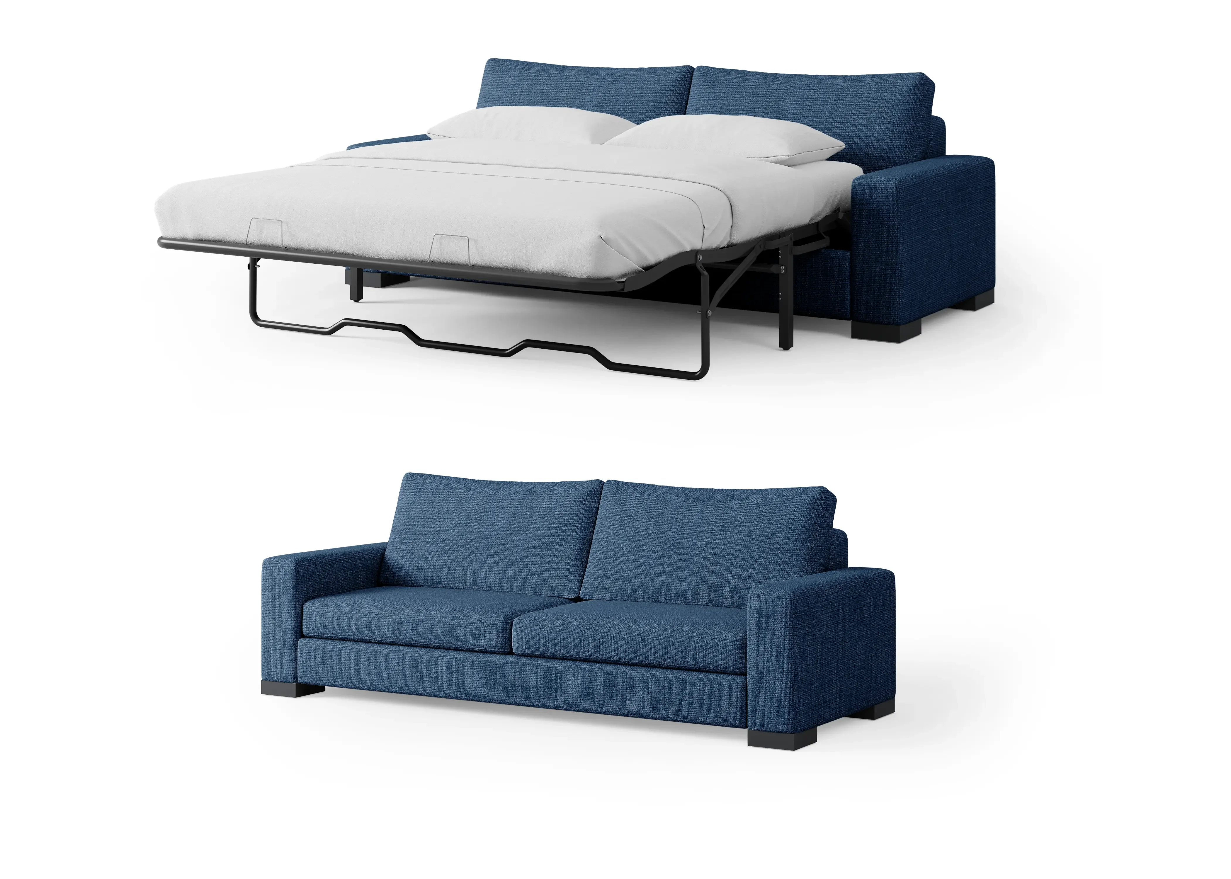 Navy blue Zen sofa shown closed and pulled out into a queen sofa bed