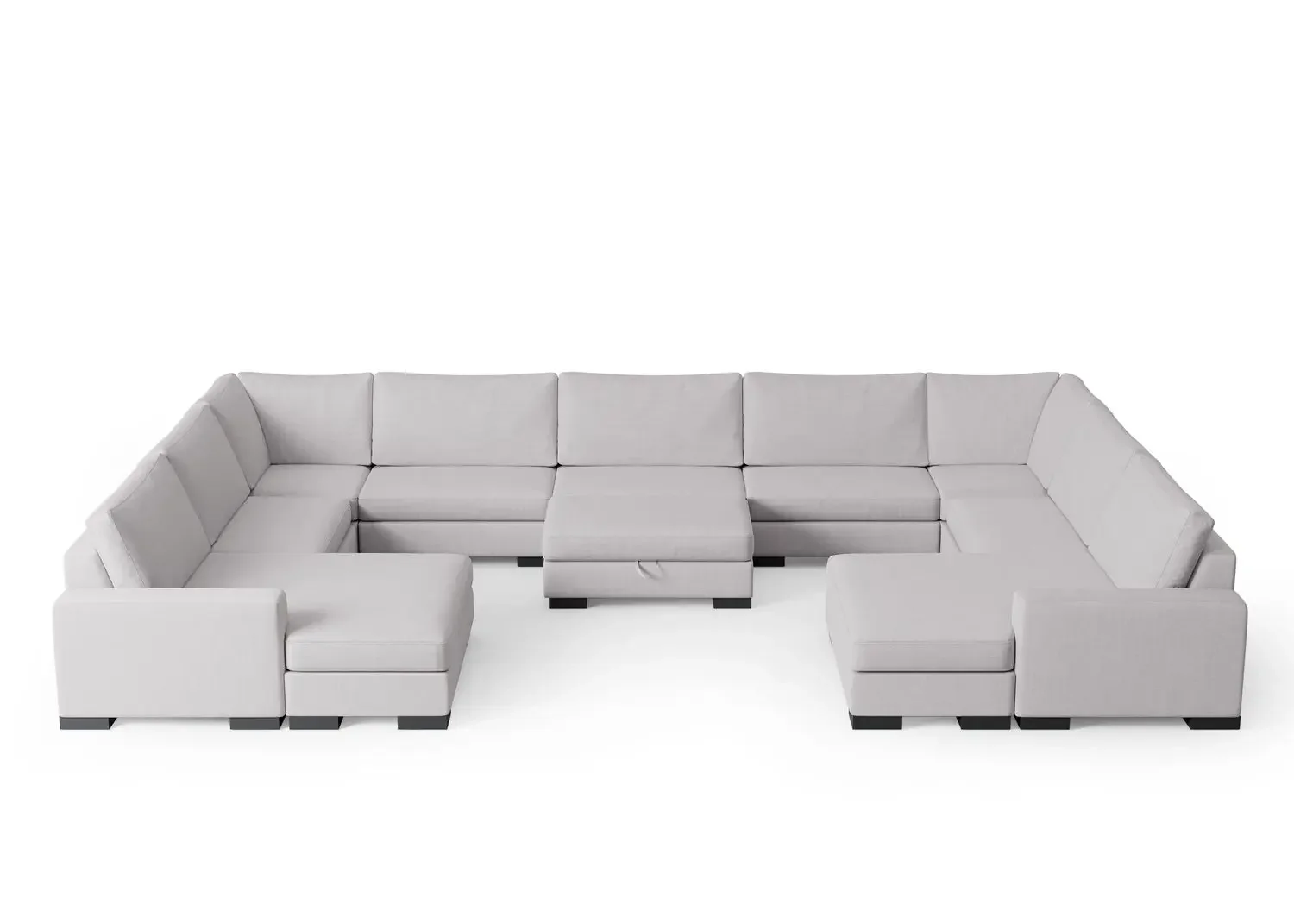 Nine-seat Zen modular U-shaped sectional with double chaise and storage ottoman in light gray fabric