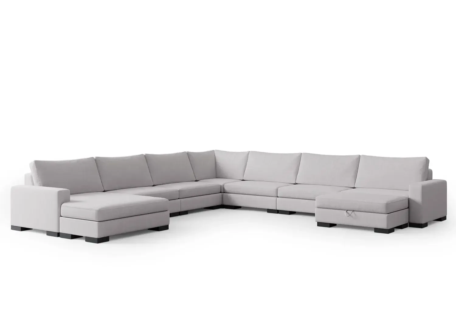 Seven-seat Zen modular sectional with double chaise in light gray fabric