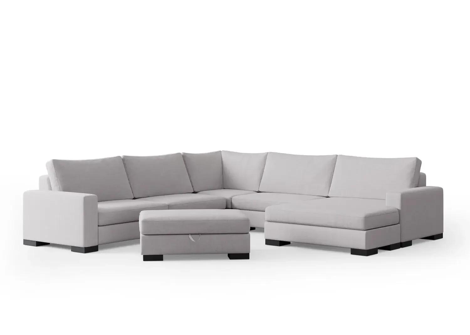 A SIXTREND modular sectional in U-shape configuration with chaise and storage ottoman, in light grey upholstery on a white backdrop.