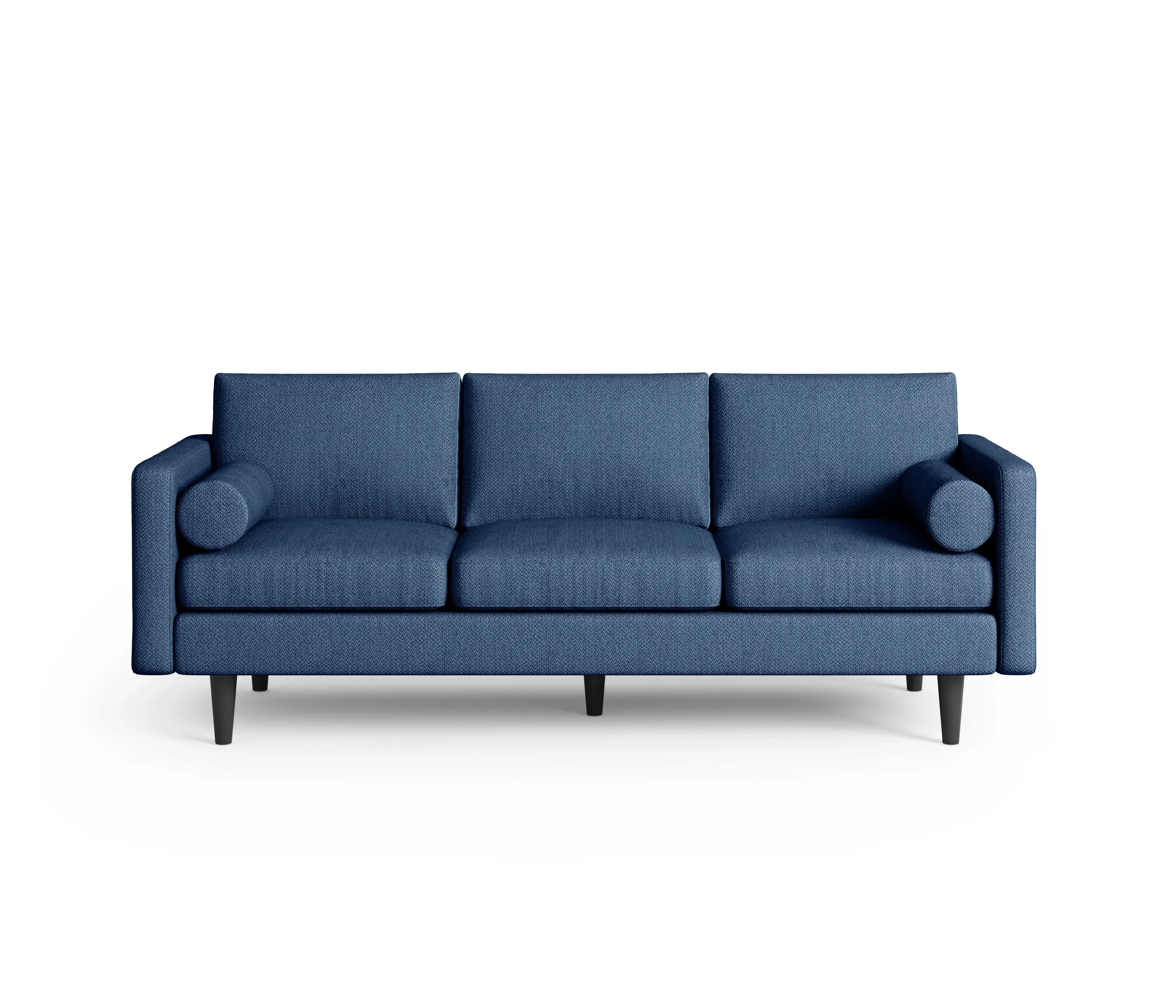 Navy blue Leon three-seater sofa with bolster pillows and tapered wooden legs