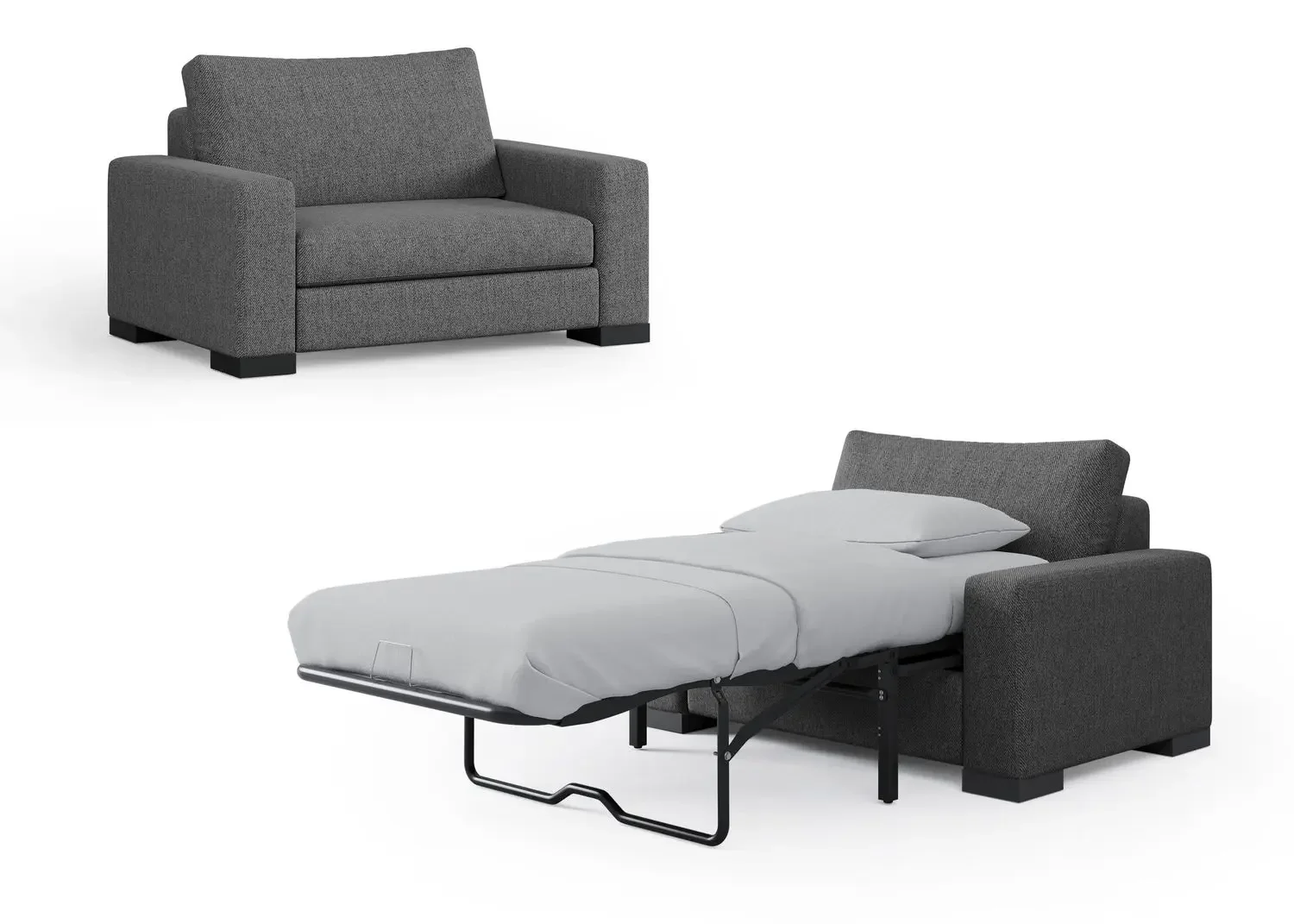 Dark gray Zen armchair shown closed and pulled out into a single sofa bed with mattress