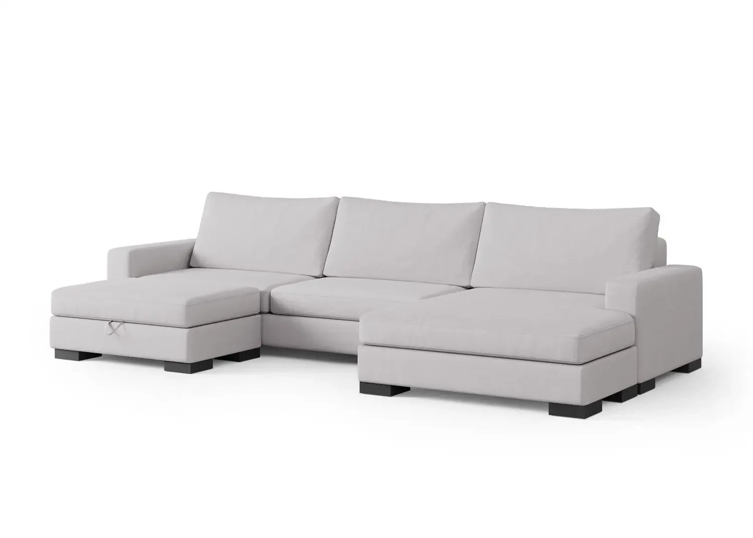 Light gray Zen sofa with chaise extension on the left and storage ottoman on the right