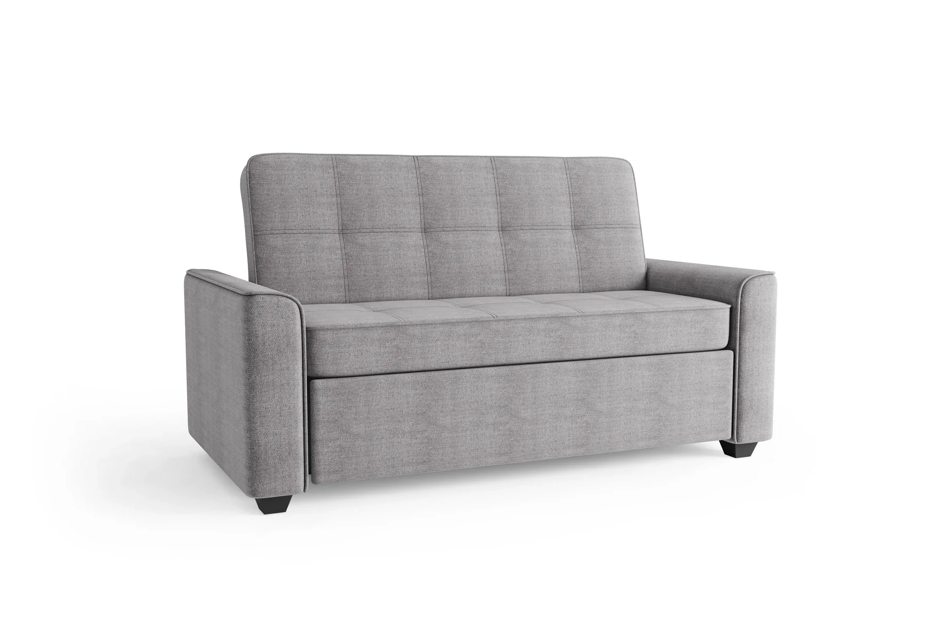 Grey tufted Flex Sofa Bed with rounded bolster armrests on a white background