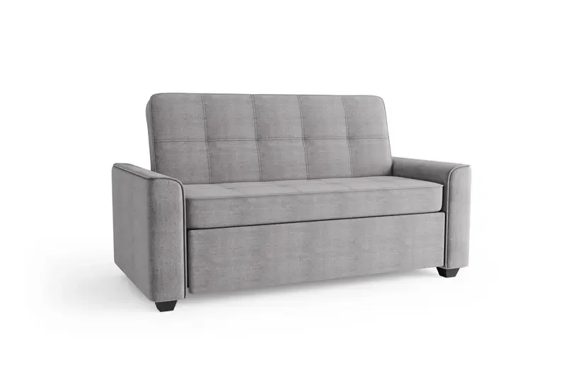 Compact pull-out sofa bed loveseat with tufted backrest in light gray upholstery