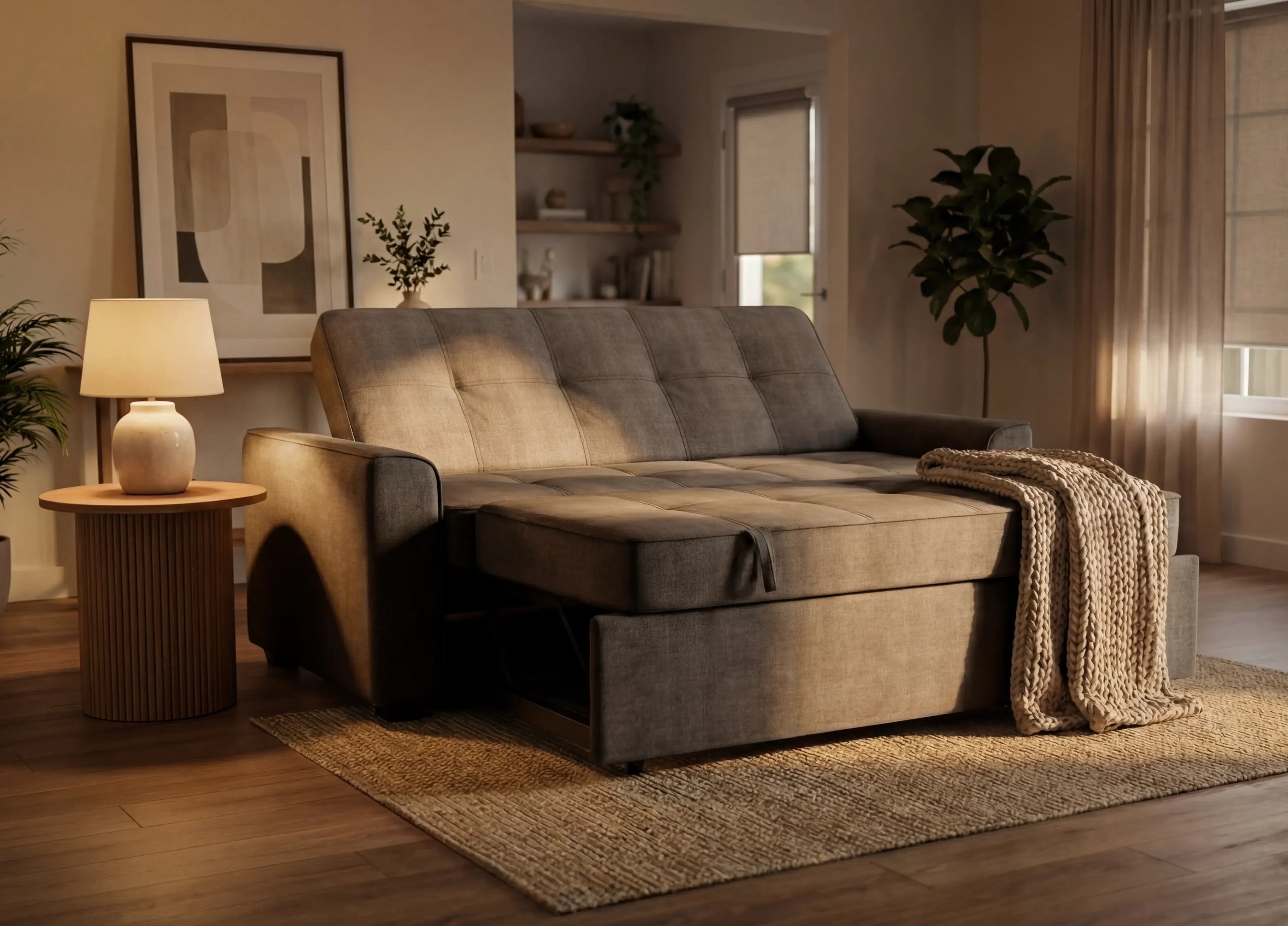 SIXTREND Flex Sleeper Sofa Bed shown partially extended in a cozy living room with warm lamp light