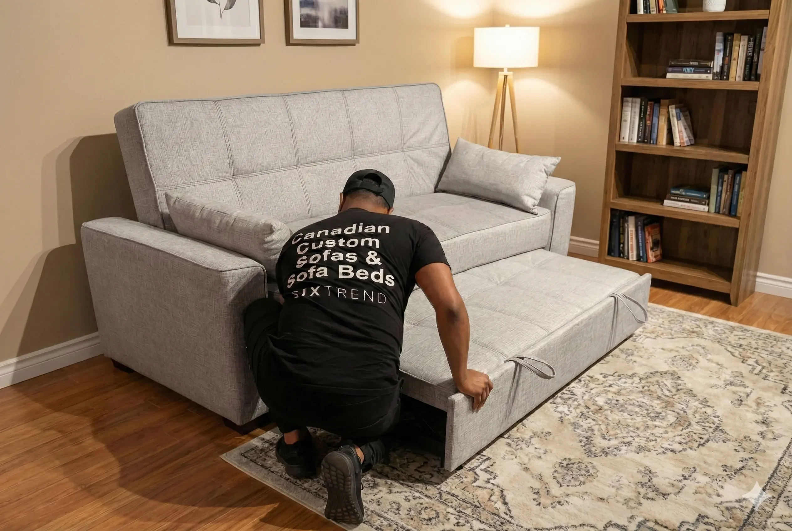 SIXTREND in-home delivery technician setting up a sofa bed in a customer's home