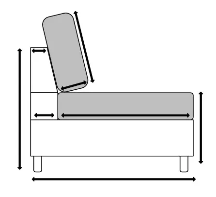 Black-line side-view diagram of a SIXTREND sofa with directional arrows marking customizable height, depth, and seat dimensions.