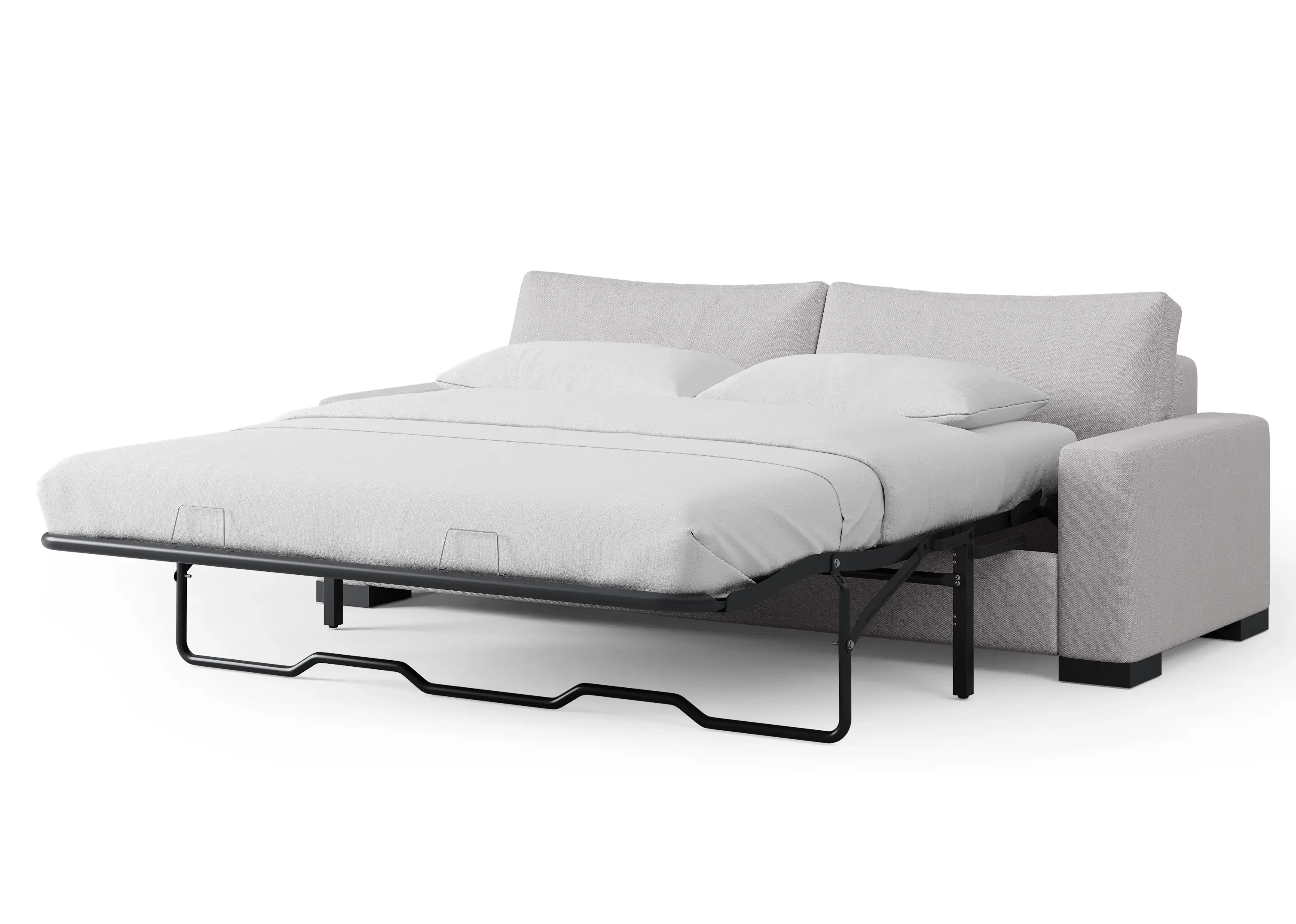 Light grey sofa with the pull-out mattress fully extended on its black metal sleeper frame on a white background.