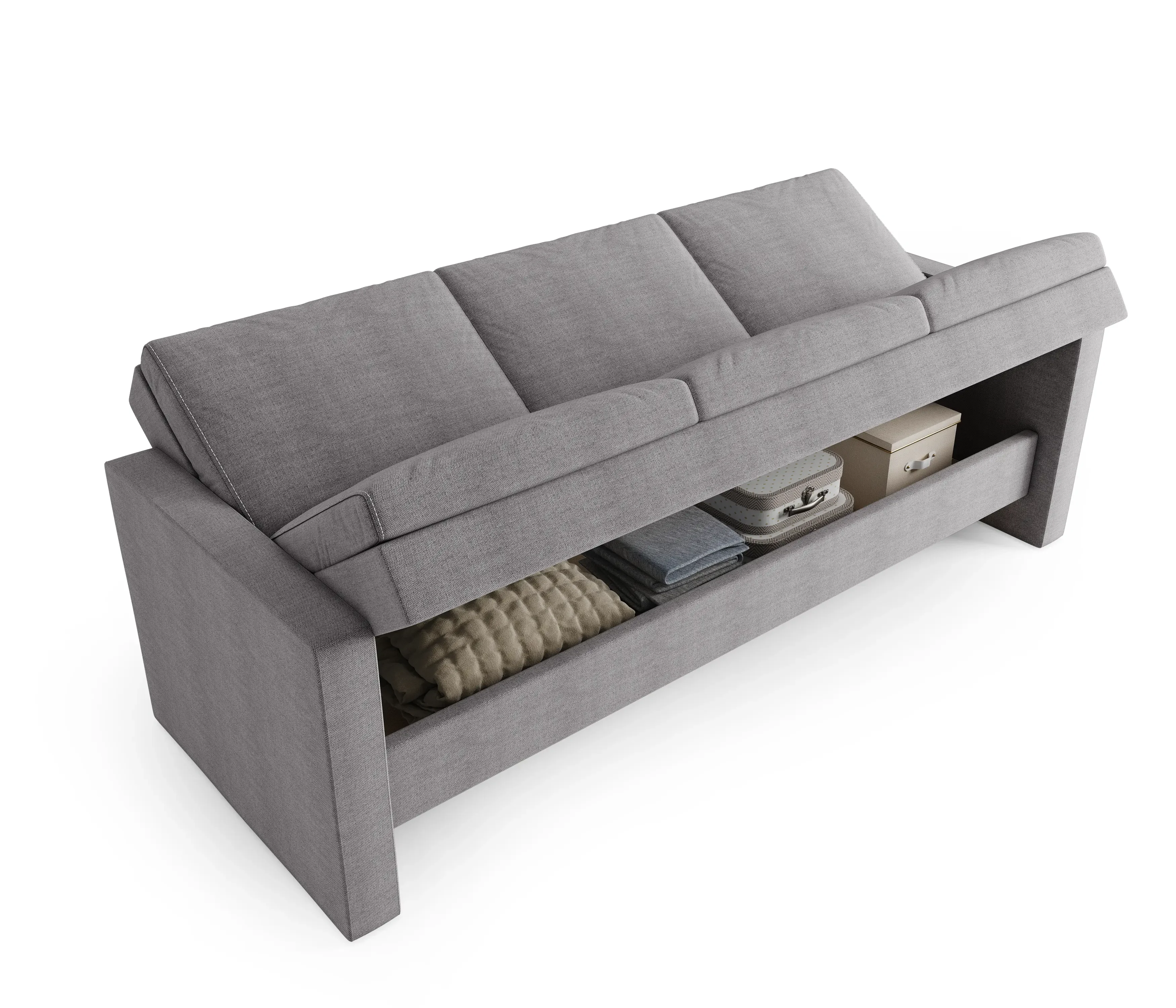 Grey Nest Sofa Bed with the rear storage compartment open showing books and storage