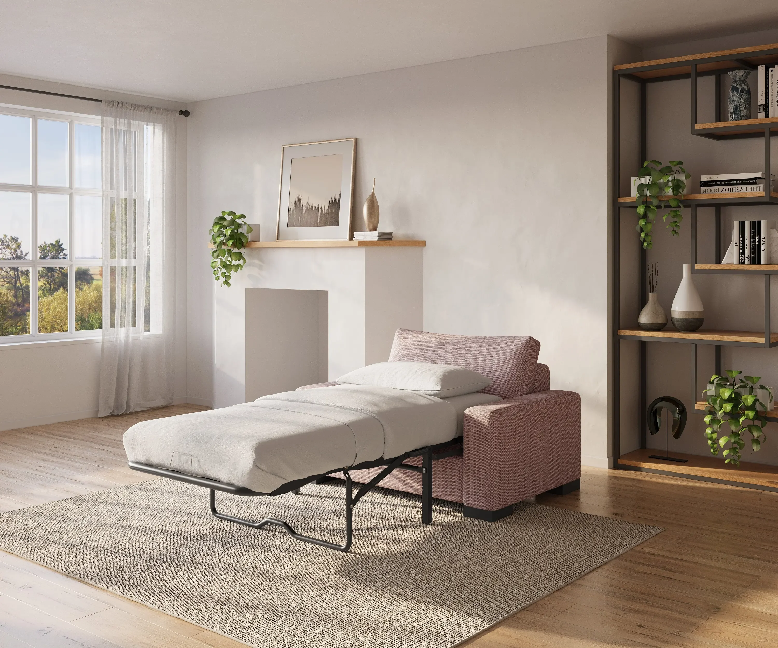 Pink Zen Armchair extended into a single bed in a bright living room with bookshelf