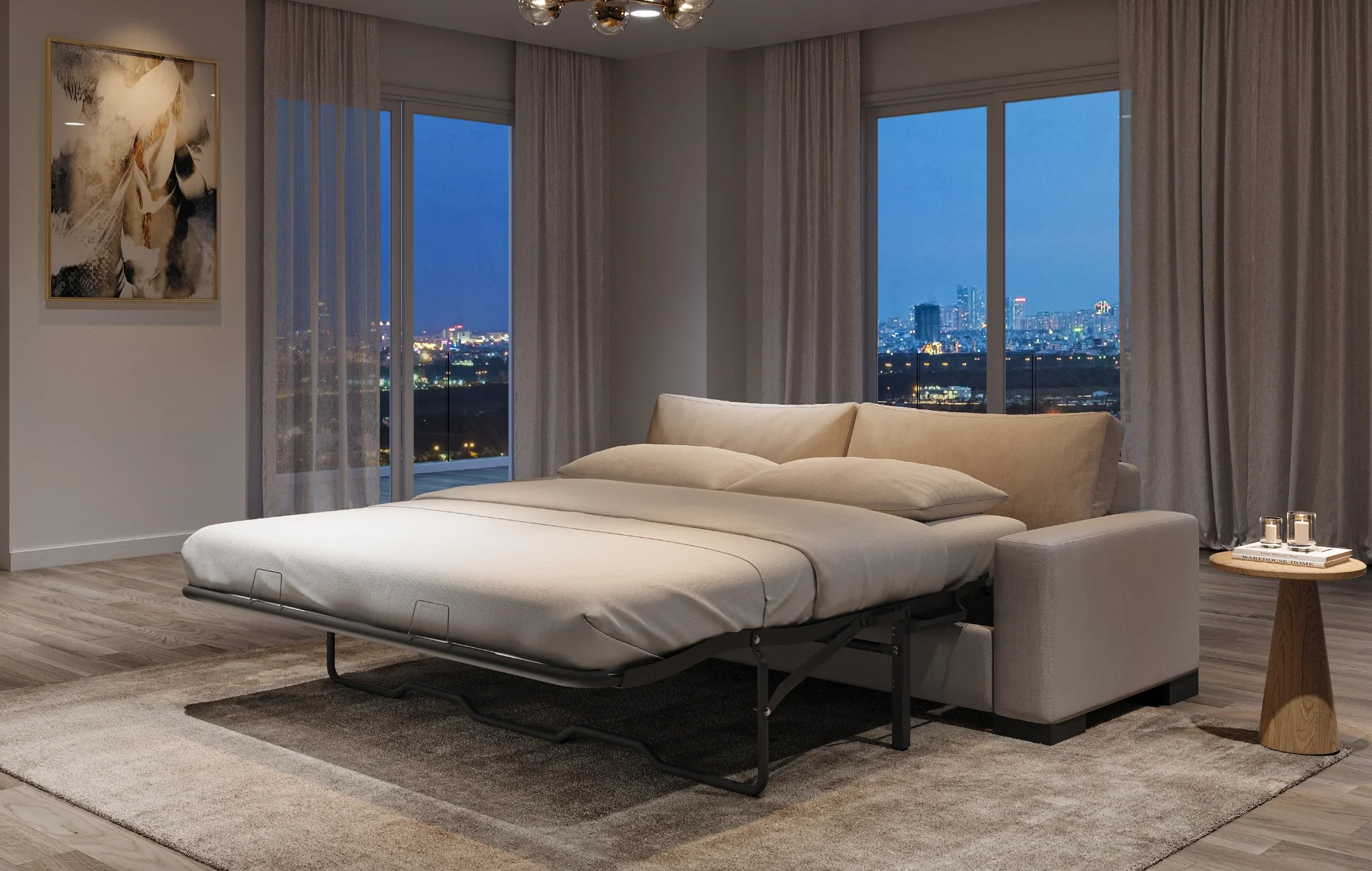 Pulled-out sleeper sofa in a contemporary living room with floor-to-ceiling city-view windows at night