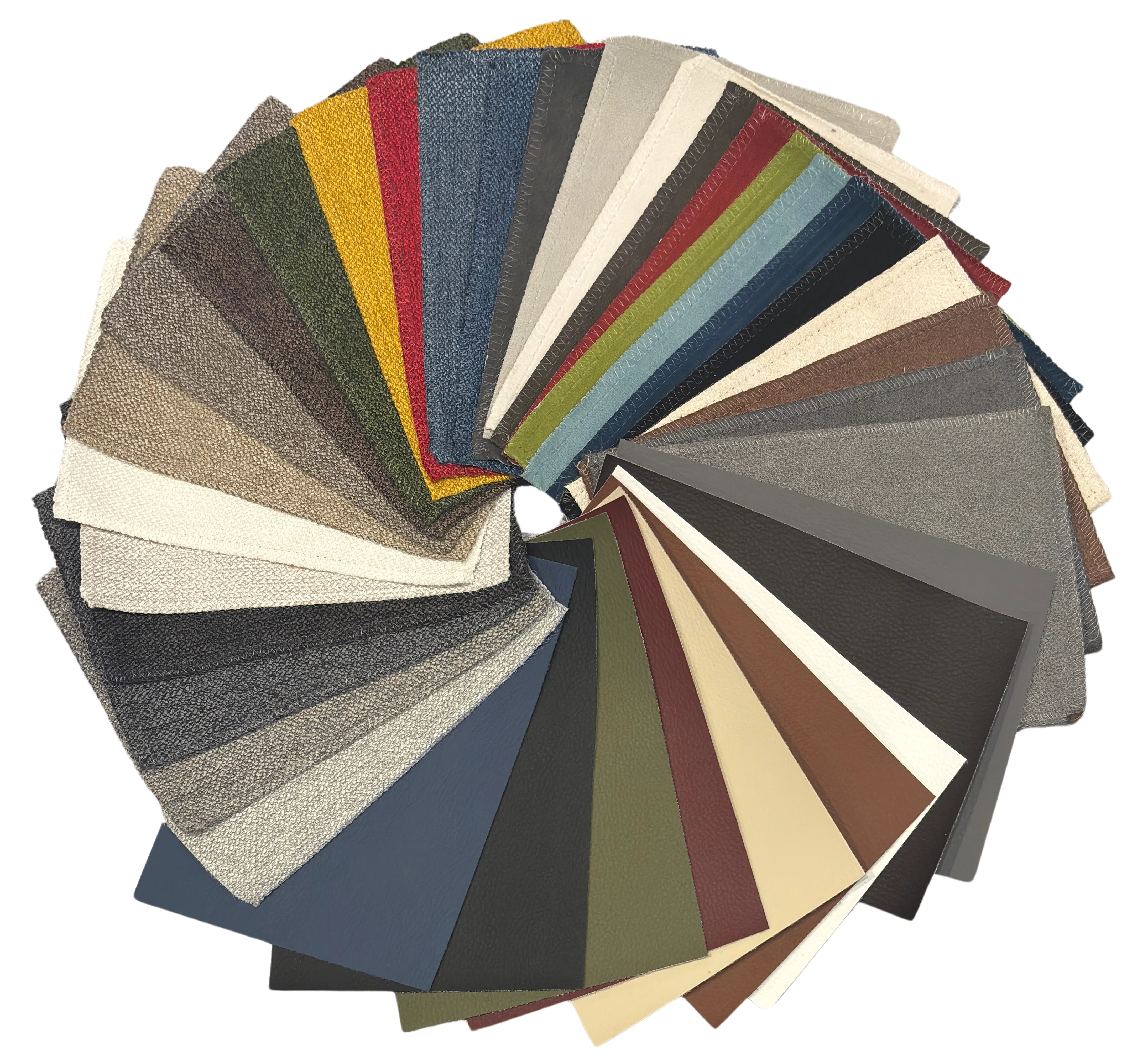 Fanned arrangement of fabric and leather upholstery swatches in dozens of colors and textures
